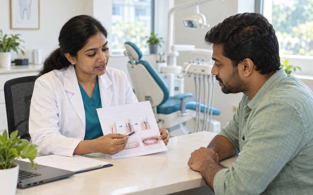 Dentist in a bright Chennai clinic calmly reviewing a treatment plan with an adult patient